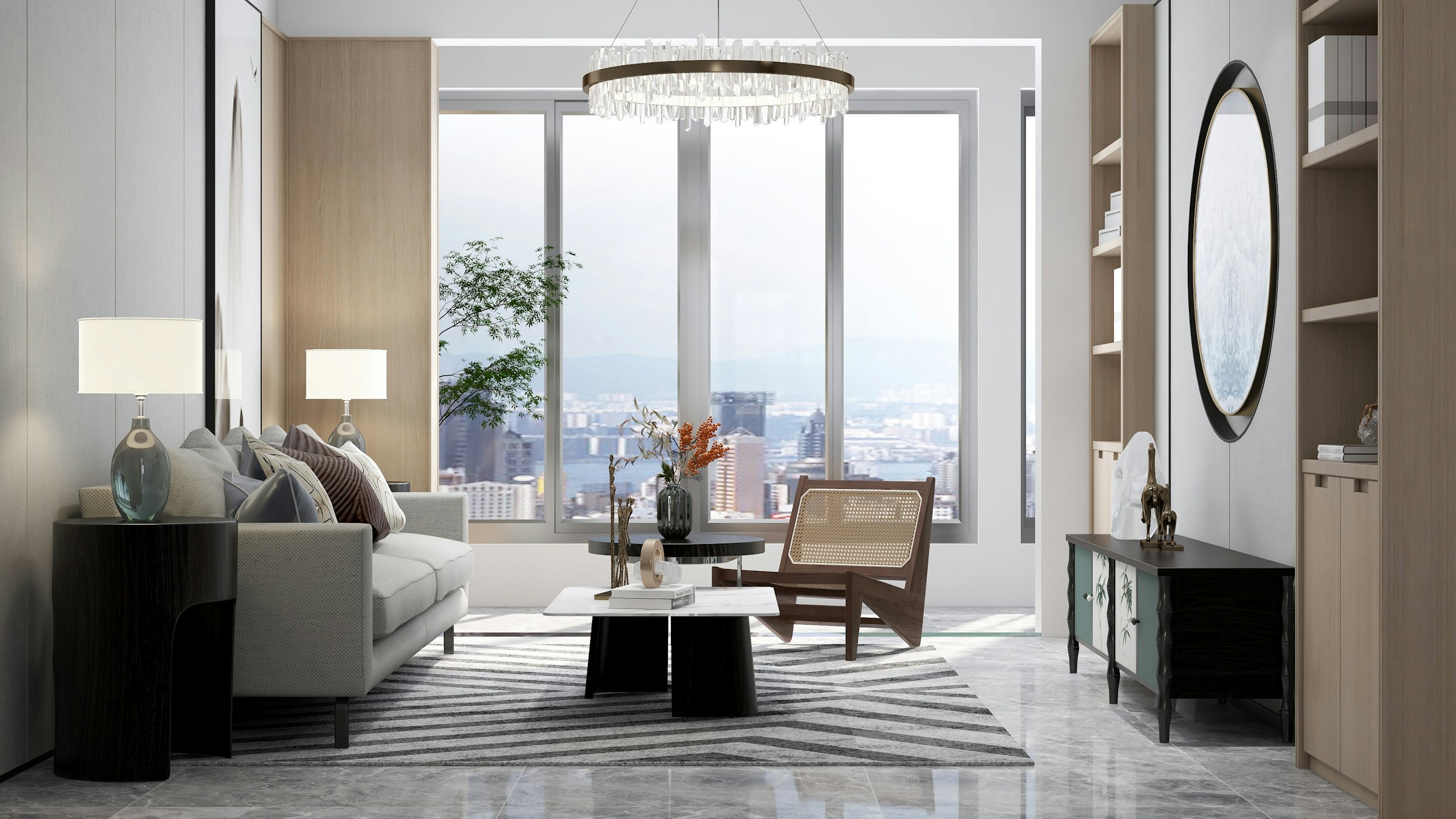 Warm contemporary apartment interior with practical built-in storage